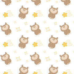 Seamless pattern with cute owl, shooting stars and yellow outlines. Kawaii forest bird design for nursery, baby wrapping, textile or children products. Festive vector illustration