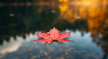 Single red leaf floats calm water autumn colors. AI Generated