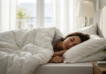 Woman Sleeping Comfortably in Bed, Bedroom Interior, White Linen, Calm Sleep, Resting, Relaxation.