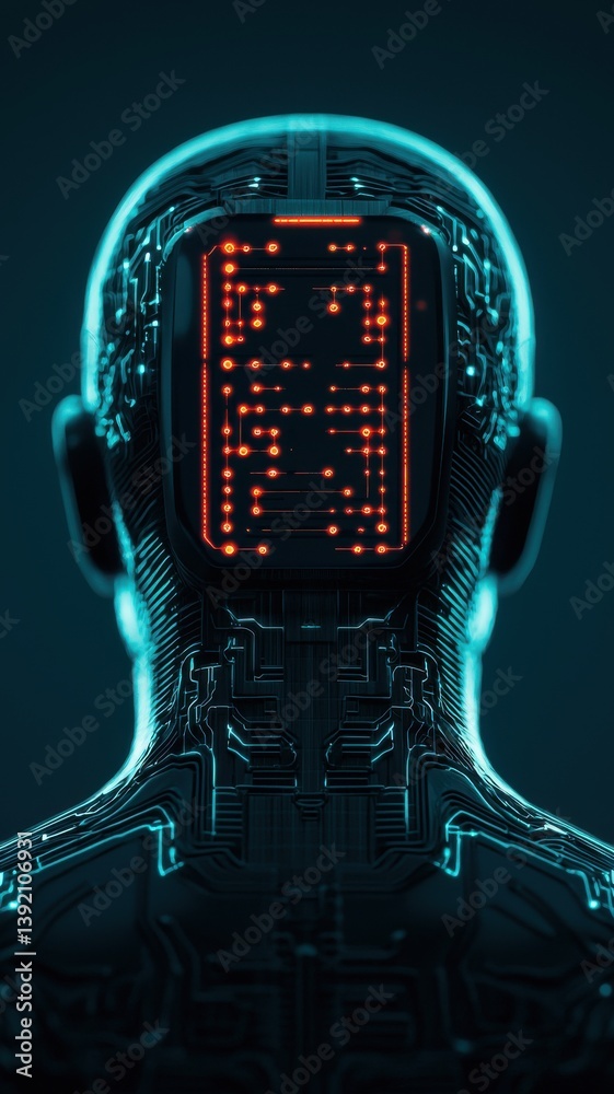 Poster exploring artificial intelligence digital realm visual concept futuristic environment back view tech