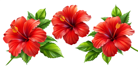 set of tropical red hibiscus flowers isolated on white background PNG. GENERATIVE AI