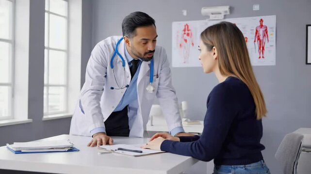 Arzt im Gespr&auml;ch mit Patientin in moderner Praxis

