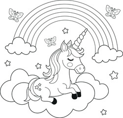 Illustration of a cute baby unicorn cartoon character. Black and white Printable Unicorn coloring page for kids, Bold and Easy Coloring Sheet
