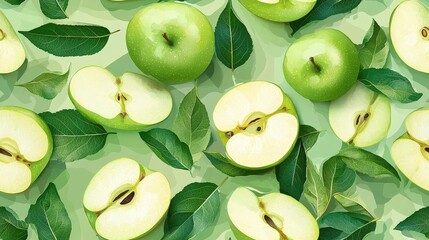 Green apple with slices and green leaf seamless texture map pattern background
