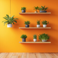 Background with orange wall and shelve with small plants on it