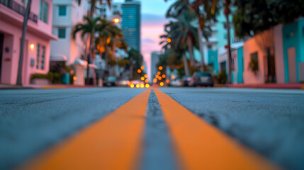 Obraz premium Low Angle View of a City Street at Sunset with Yellow Lines