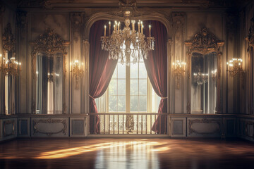 A traditional ballet academy with a grand chandelier and a wooden barre, surrounded by antique mirrors and velvet curtains. Gorgeous palace ball room.