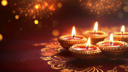 Traditional oil lamps glowing beautifully on a decorative surface with sparkling lights in the background, symbolizing the festival of lights and celebration concept
