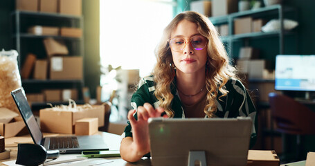 Shipping, small business or woman typing on tablet for inventory management, package export or...