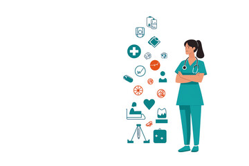 A healthcare professional in scrubs stands confidently, surrounded by medical icons representing health and wellness.