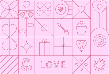 Modern Valentine's day geometric background with simple line elements. Creative abstract bauhaus design. Vector illustration