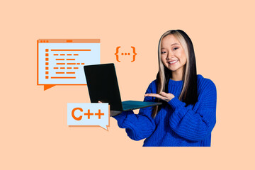 Composite trendy magazine photo collage of happy freelancer girl hold laptop programming tab...