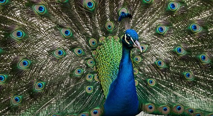 Obraz premium Majestic Peacock Displaying its Vibrant Plumage Outdoors AI Generated