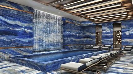 Fototapeta premium Luxury spa indoor pool, blue marble walls, waterfall, relaxation