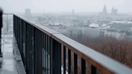 Obraz premium Rainy cityscape view from balcony, urban background, ideal for travel blogs