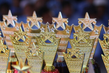 Golden Trophies: A close-up shot of many ornate, gold-colored trophies, their star-topped crowns gleaming, evoking a sense of accomplishment and aspiration. 