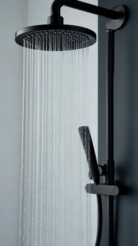 Modern black shower head pouring water in a bathroom