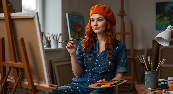 Redhead Artist Contemplating Next Brushstroke in Her Cozy Studio AI Generated