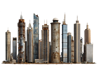 set of ruined skyscrapers isolated on white background PNG. GENERATIVE AI