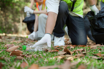 Teamwork and Eco-consciousness. Volunteers gather trash in a park, demonstrating teamwork and community spirit during a sustainability-focused cleanup.
