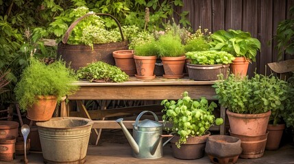 Rustic herb garden with potted plants on wooden bench in backyard