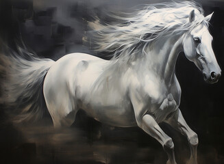 Naklejka premium Abstract painting of a unicorn horse with a flowing long mane. The horse gently nudges a banner. Ash pink and white tones on a cocoa background with gold accents 