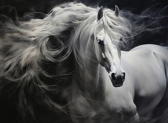 Abstract painting of a unicorn horse with a flowing long mane. The horse gently nudges a banner. Ash pink and white tones on a cocoa background with gold accents	