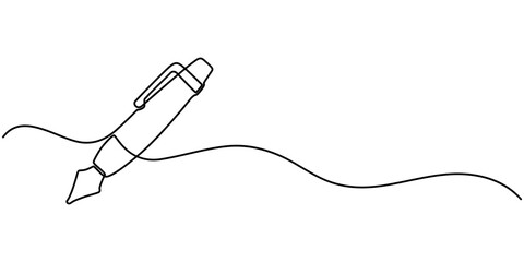 Fototapeta premium Continuous one line drawing writing pen isolated minimalist linear illustration made of single line vector illustration, Single continuous line drawing of vintage ballpoint. Pen icon. Back to school. 