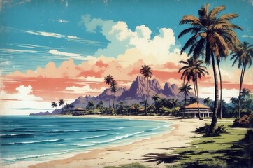 Naklejka premium Serene tropical beach landscape with mountains, palm trees, and colorful sky at sunset