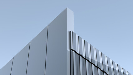 Modern building design, minimalism, fortress architecture on the horizon of the sky, metal with reflection, structure, industrial, wallpaper. 3D render