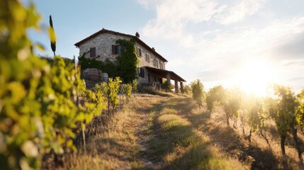 Tuscan vineyard farmhouse at sunset, idyllic rural landscape