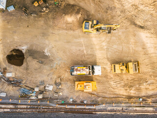 Aerial view of earthmoving machinery on a construction site
