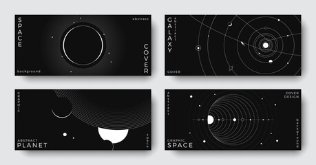 Set of abstract space horizontal backgrounds. Line art galaxy, solar system, planet, black hole. Science astronomy concept. Cosmic minimalist design for cover, poster, layout, banner, flyer, brochure
