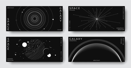 Set of abstract space horizontal backgrounds. Line art galaxy, universe, planet, solar system. Science future concept. Astronomy minimalist design for cover, poster, layout, banner, flyer, brochure