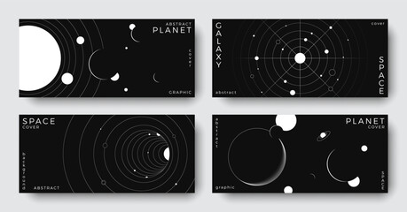 Set of abstract space horizontal backgrounds. Line art galaxy, universe, planet, solar system. Science future concept. Astronomy minimalist design for cover, poster, layout, banner, flyer, brochure © Anastasiya Stoma