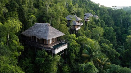 Obraz premium Tropical treetop bungalows nestled in lush jungle canopy with infinity pools