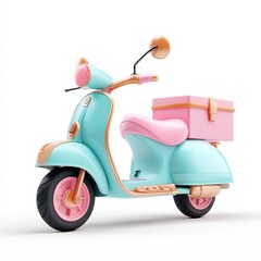 Brightly colored scooter with a pink box, ready for deliveries and adventures on city streets during daytime