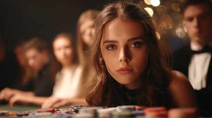 Fototapeta premium Woman at casino poker table, focused gaze, evening atmosphere, gambling theme