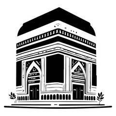 Stylized black and white illustration of a distinct cubic structure with symbolic elements