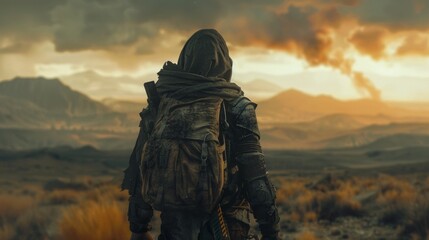 Lonely traveler navigates the desolate wasteland under a stormy sky