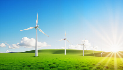Fototapeta premium Wind turbines in green field under blue sky, sustainable energy