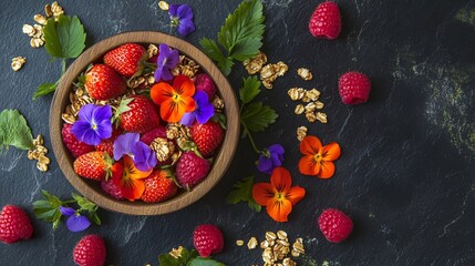 Vivid berry and flower bowl on slate with walnuts and leaves