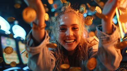 Obraz premium Woman celebrating casino win with falling coins, slot machines background
