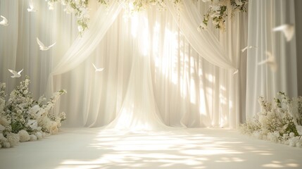 Elegant wedding ceremony setting with flowing fabrics and white flowers