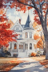 An Artistic Watercolor Painting of a Beautiful House in Autumn