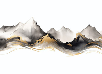 Ink wash painting with mountains in fog. Panoramic landscape in traditional oriental ink painting sumi-e, u-sin, go-hua on rice paper background. Translation of hieroglyph - eternity  © Elena