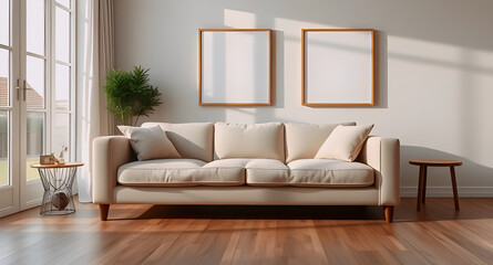 Minimalist Beige Living Room with Soft Natural Light – Calm and Cozy Ambience. Digital Illustration.