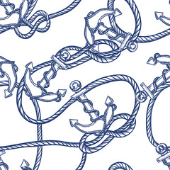 Nautical seamless pattern with anchors and rope. Vector hand drawn sketch illustration. Marine travel background © Qualit Design