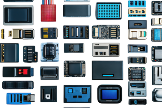 Diverse collection of tech microchips circuit boards and electronic components arranged on a light isolated on transparent background