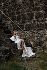 An Elegant Woman in a Beautiful White Dress Posing Against a Stunning Stone Wall Background